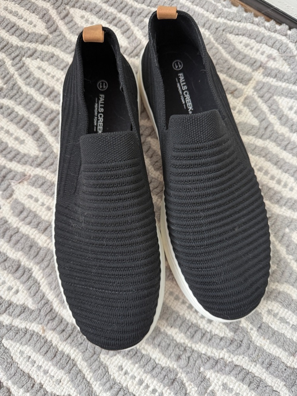 Falls Creek Black Knit Slip-On Sneakers with White Sole